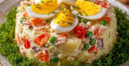 Salade russe crémeuse avec pommes de terre en dés, thon émietté, œufs en quartiers, petits pois et carottes, décorée d’herbes fraîches.