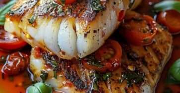 Filets de cabillaud poêlés servis dans une sauce tomate aux tomates cerises, ail, oignon et basilic frais, accompagnés de quartiers de citron.