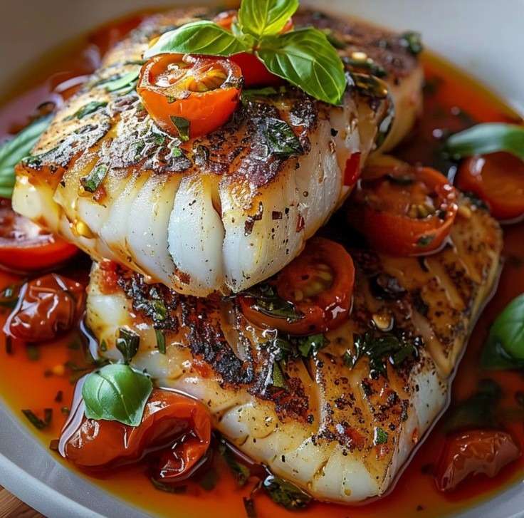 Filets de cabillaud poêlés servis dans une sauce tomate aux tomates cerises, ail, oignon et basilic frais, accompagnés de quartiers de citron.