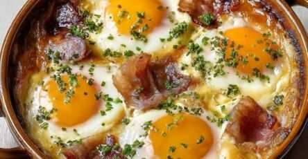 Ramequins d’œufs cocotte crémeux au four avec crème fraîche, lardons, fromage râpé et ciboulette, servis chauds juste après cuisson.