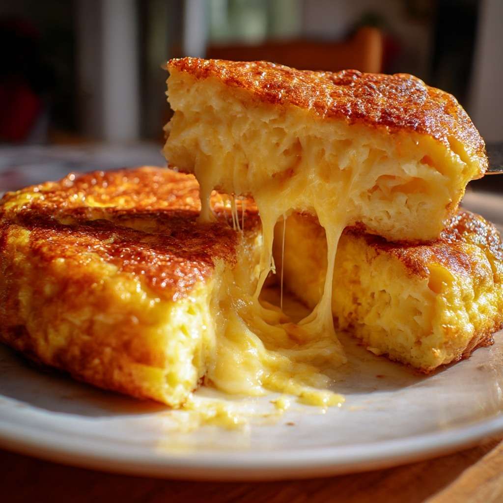 Omelette épaisse dorée au fromage fondant, cœur filant, garnie de ciboulette fraîche, servie chaude dans une poêle façon bistrot.