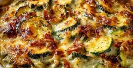 Gratin de courgettes aux lardons avec sauce crémeuse et fromage doré au four, servi chaud dans un plat à gratin familial.