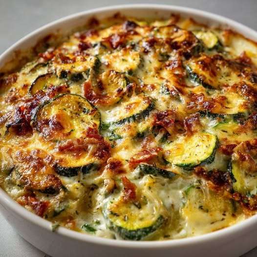 Gratin de courgettes aux lardons avec sauce crémeuse et fromage doré au four, servi chaud dans un plat à gratin familial.