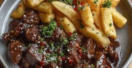 Carbonade flamande de bœuf mijotée à la bière brune avec sauce épaisse, servie avec des frites maison dorées et croustillantes.