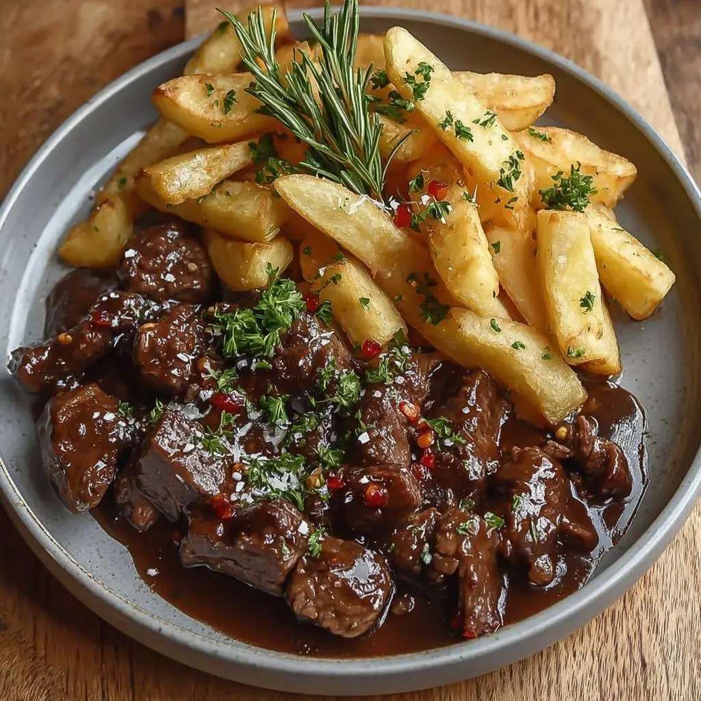 Carbonade flamande de bœuf mijotée à la bière brune avec sauce épaisse, servie avec des frites maison dorées et croustillantes.