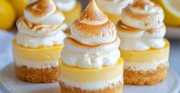 Mini cheesecakes citron meringué avec base biscuitée croustillante, crème citronnée fondante et meringue dorée au chalumeau.