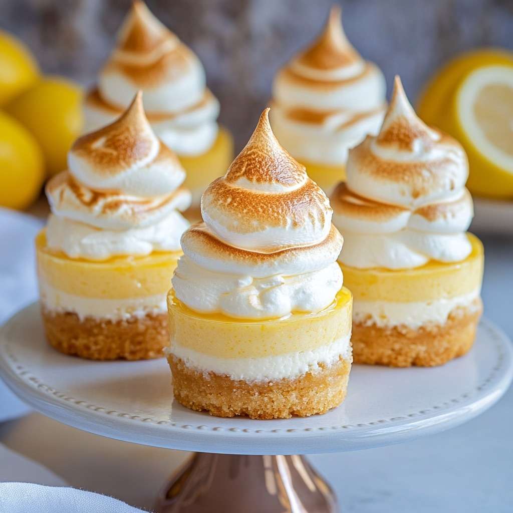 Mini cheesecakes citron meringué avec base biscuitée croustillante, crème citronnée fondante et meringue dorée au chalumeau.