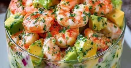 Salade de crevettes et avocat crémeuse avec herbes fraîches, oignon rouge et sauce onctueuse servie en verrine élégante.