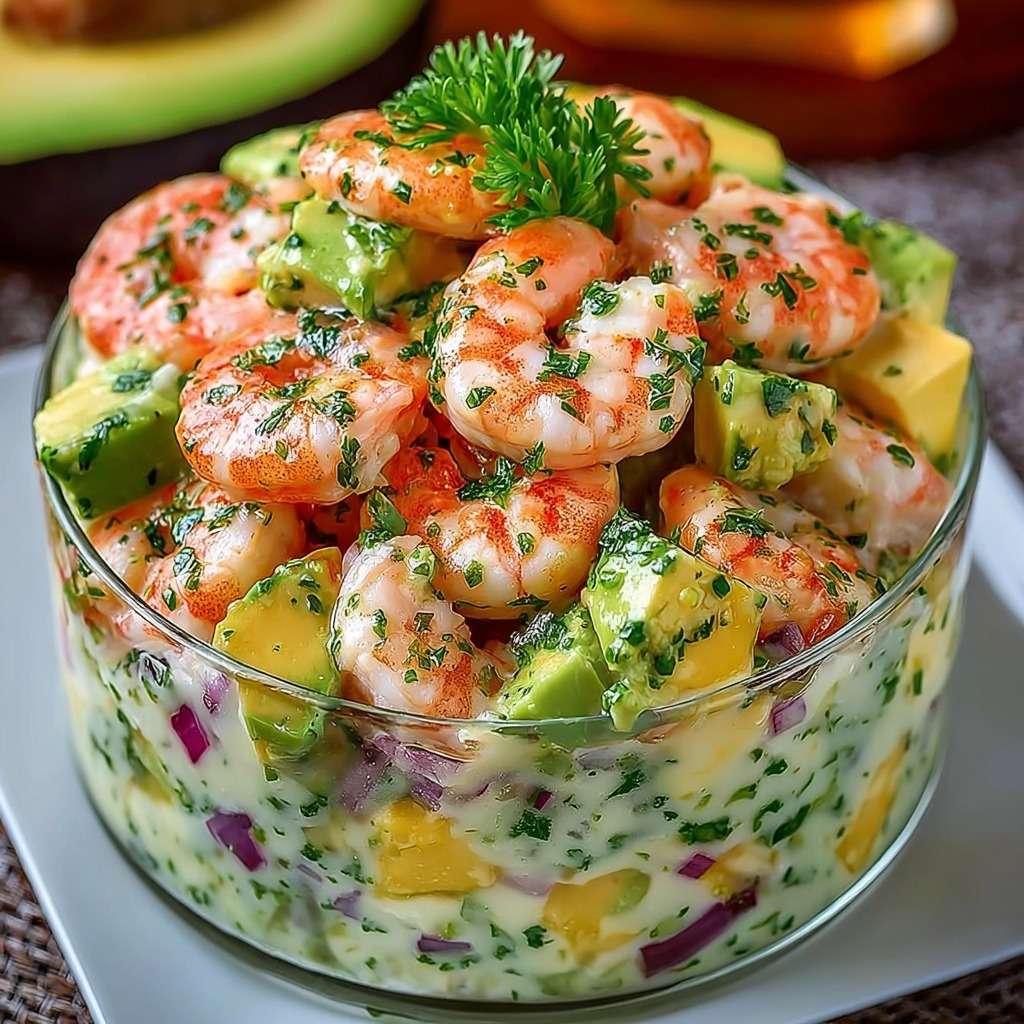 Salade de crevettes et avocat crémeuse avec herbes fraîches, oignon rouge et sauce onctueuse servie en verrine élégante.