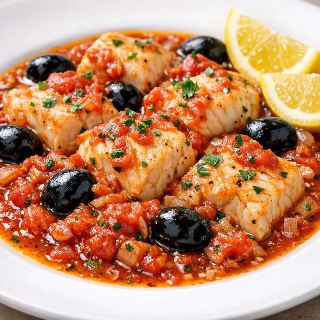 Ragoût de poisson provençal avec filets de poisson blanc mijotés dans une sauce tomate aux olives noires, ail, herbes et persil frais.