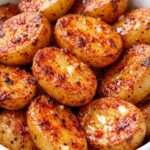 Pommes de terre grenaille rôties au four, dorées et croustillantes, enrobées d’ail et de paprika, servies chaudes avec du persil frais dans un plat rustique.