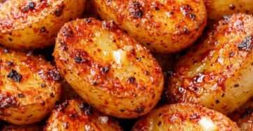 Pommes de terre grenaille rôties au four, dorées et croustillantes, enrobées d’ail et de paprika, servies chaudes avec du persil frais dans un plat rustique.