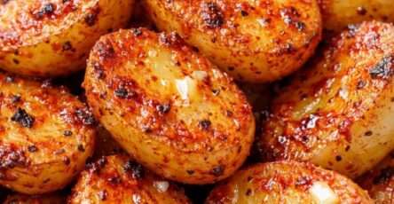 Pommes de terre grenaille rôties au four, dorées et croustillantes, enrobées d’ail et de paprika, servies chaudes avec du persil frais dans un plat rustique.