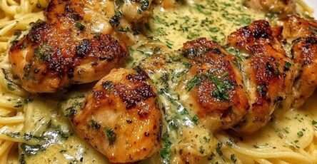 Assiette de spaghetti crémeux au poulet doré, nappés d’une sauce onctueuse à l’ail et au parmesan, décorés de persil frais dans un cadre chaleureux.