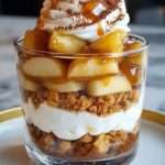 Verrines de tiramisu aux pommes caramélisées et caramel beurre salé, avec couches de biscuits, crème mascarpone onctueuse et cacao saupoudré.