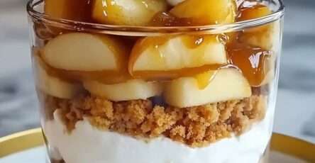 Verrines de tiramisu aux pommes caramélisées et caramel beurre salé, avec couches de biscuits, crème mascarpone onctueuse et cacao saupoudré.