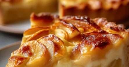 Tarte aux pommes fondantes avec crème vanillée dorée, disposées en fines lamelles sur une pâte sablée croustillante, légèrement caramélisée et brillante.