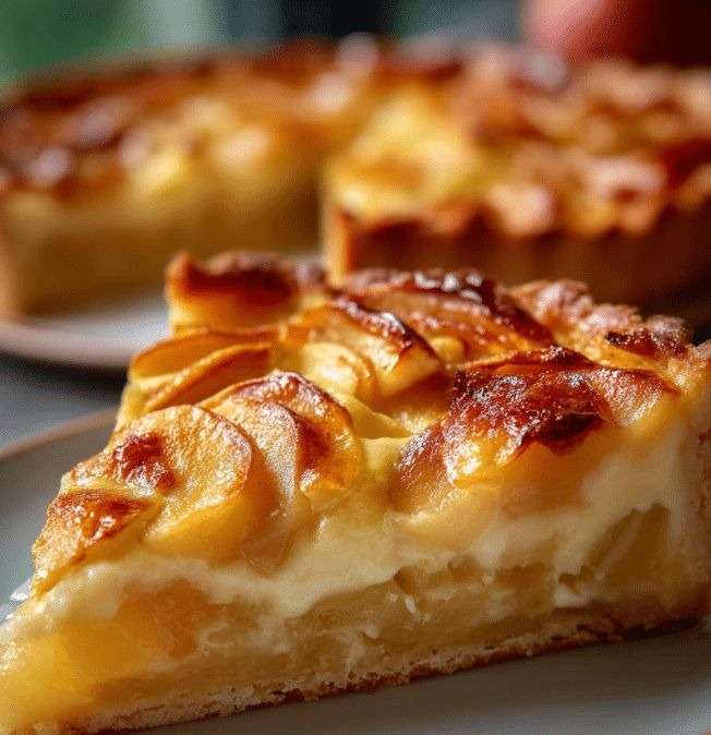 Tarte aux pommes fondantes avec crème vanillée dorée, disposées en fines lamelles sur une pâte sablée croustillante, légèrement caramélisée et brillante.