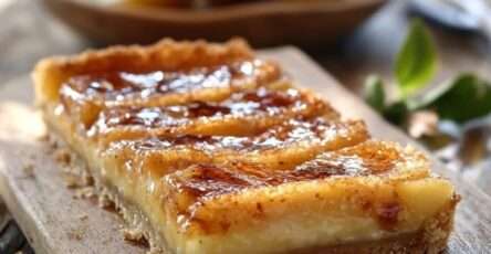 Tarte aux pommes façon crème brûlée avec surface caramélisée dorée et croustillante, pommes fondantes et crème vanillée sur pâte sablée.