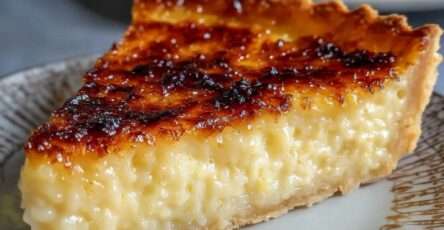 Tarte au riz de Verviers dorée avec surface légèrement caramélisée, garniture de riz au lait crémeux sur pâte croustillante dans un moule traditionnel.