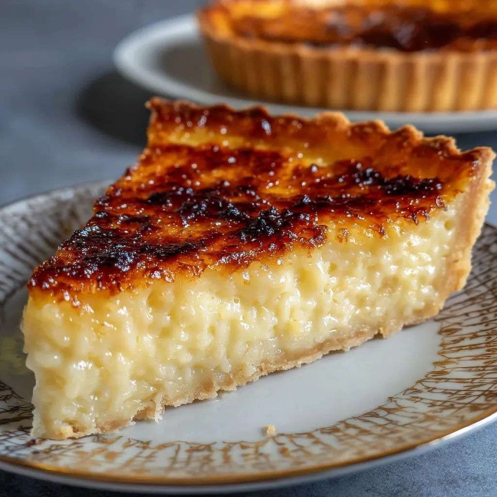 Tarte au riz de Verviers dorée avec surface légèrement caramélisée, garniture de riz au lait crémeux sur pâte croustillante dans un moule traditionnel.