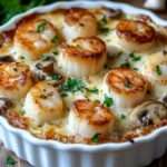 Cassolettes de Saint-Jacques gratinées avec champignons et sauce crémeuse, surface dorée au fromage, servies chaudes dans des ramequins individuels.