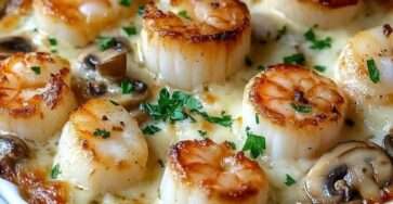 Cassolettes de Saint-Jacques gratinées avec champignons et sauce crémeuse, surface dorée au fromage, servies chaudes dans des ramequins individuels.