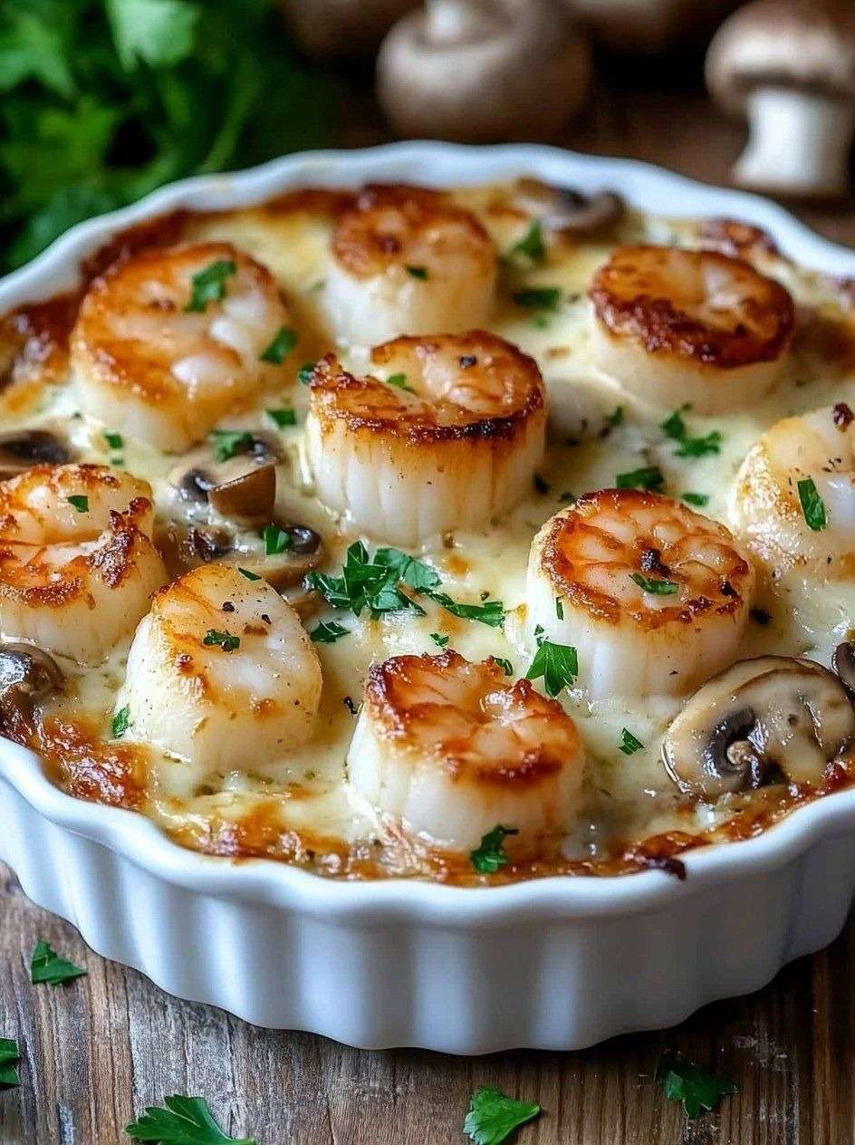 Cassolettes de Saint-Jacques gratinées avec champignons et sauce crémeuse, surface dorée au fromage, servies chaudes dans des ramequins individuels.