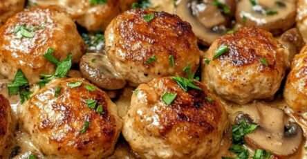 Boulettes de poulet dorées servies dans une sauce crémeuse aux champignons avec persil frais, accompagnées de pâtes ou de riz.