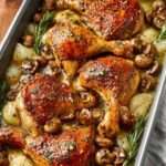 Cuisses de poulet rôties dorées au four avec champignons fondants et oignons caramélisés dans un jus parfumé aux herbes.