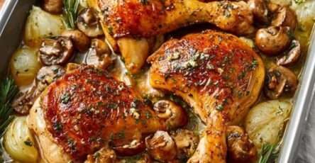 Cuisses de poulet rôties dorées au four avec champignons fondants et oignons caramélisés dans un jus parfumé aux herbes.