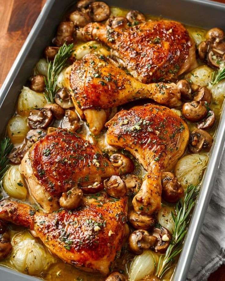 Cuisses de poulet rôties dorées au four avec champignons fondants et oignons caramélisés dans un jus parfumé aux herbes.