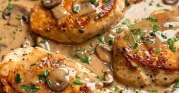 Blancs de poulet dorés nappés d’une sauce crémeuse aux champignons et oignons, garnis de persil frais dans une poêle.