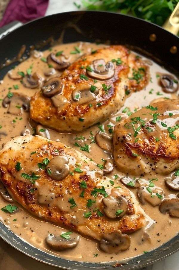 Blancs de poulet dorés nappés d’une sauce crémeuse aux champignons et oignons, garnis de persil frais dans une poêle.