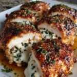 Blancs de poulet farcis au fromage fondant, dorés à l’extérieur, coupés en deux révélant un cœur coulant parfumé à l’ail et aux herbes.
