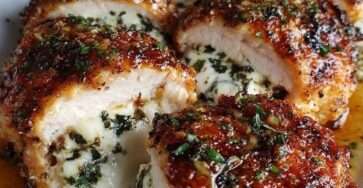Blancs de poulet farcis au fromage fondant, dorés à l’extérieur, coupés en deux révélant un cœur coulant parfumé à l’ail et aux herbes.