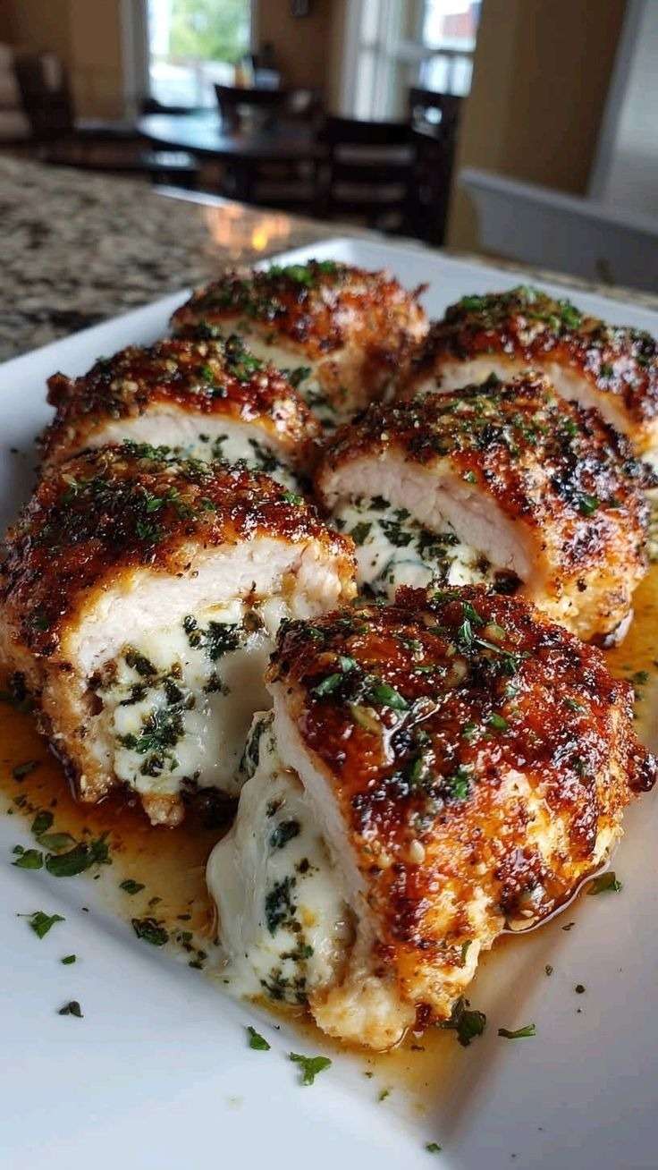 Blancs de poulet farcis au fromage fondant, dorés à l’extérieur, coupés en deux révélant un cœur coulant parfumé à l’ail et aux herbes.