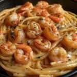 Assiette de spaghetti crémeux aux crevettes avec sauce à l’ail onctueuse, crevettes rosées et persil frais, servie chaude.