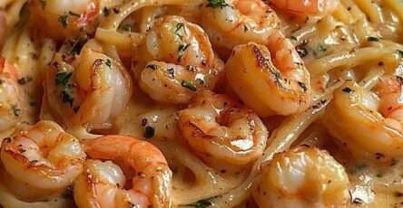 Assiette de spaghetti crémeux aux crevettes avec sauce à l’ail onctueuse, crevettes rosées et persil frais, servie chaude.