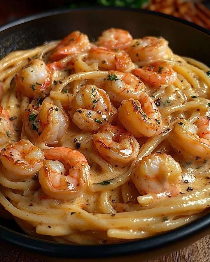 Assiette de spaghetti crémeux aux crevettes avec sauce à l’ail onctueuse, crevettes rosées et persil frais, servie chaude.