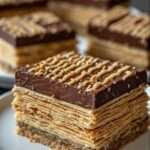 Barres de mille crêpes au chocolat avec couches fines de crêpes et crème, nappées de ganache brillante, découpées en parts régulières.