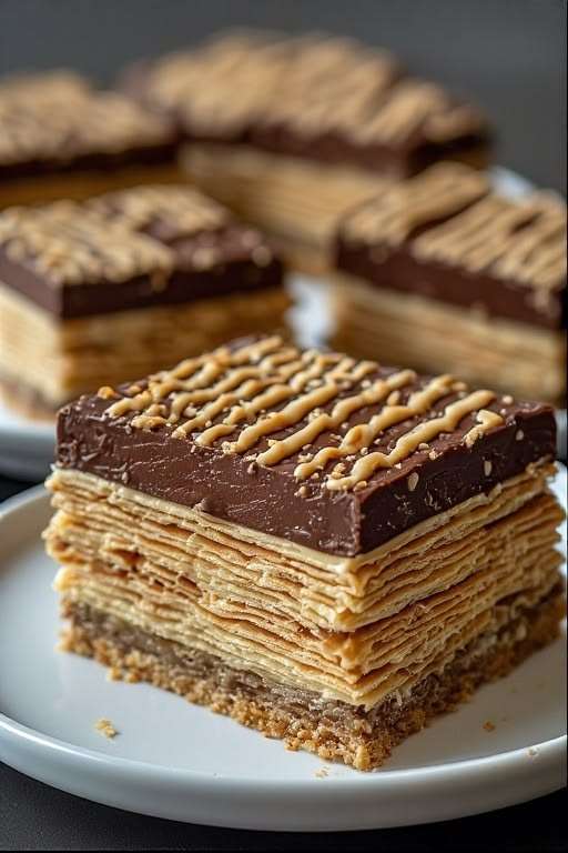 Barres de mille crêpes au chocolat avec couches fines de crêpes et crème, nappées de ganache brillante, découpées en parts régulières.