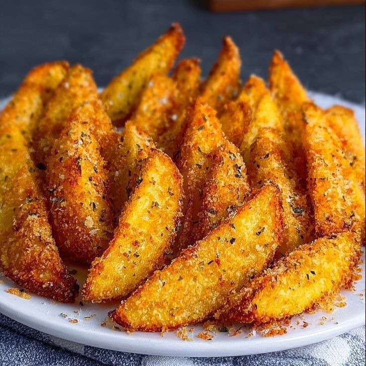 Potatoes wedges dorées et croustillantes au parmesan, avec peau, disposées sur une plaque, texture fondante à l’intérieur.