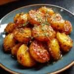 Pommes de terre rôties au four avec marinade miel moutarde thym, légèrement caramélisées, dorées et fondantes à l’intérieur.