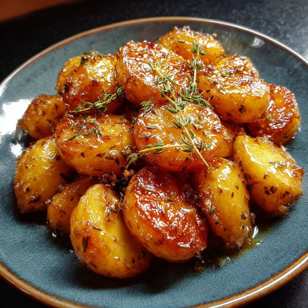 Pommes de terre rôties au four avec marinade miel moutarde thym, légèrement caramélisées, dorées et fondantes à l’intérieur.