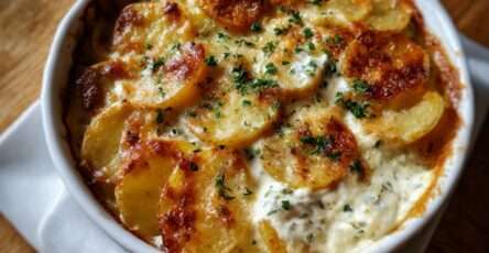 Cassolettes de pommes de terre gratinées à la crème avec surface dorée et croustillante, intérieur fondant et persil frais en finition.