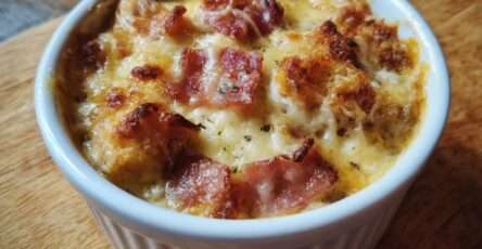 Œufs cocotte aux lardons et fromage gratiné, jaune coulant, servis dans des ramequins avec une texture crémeuse.