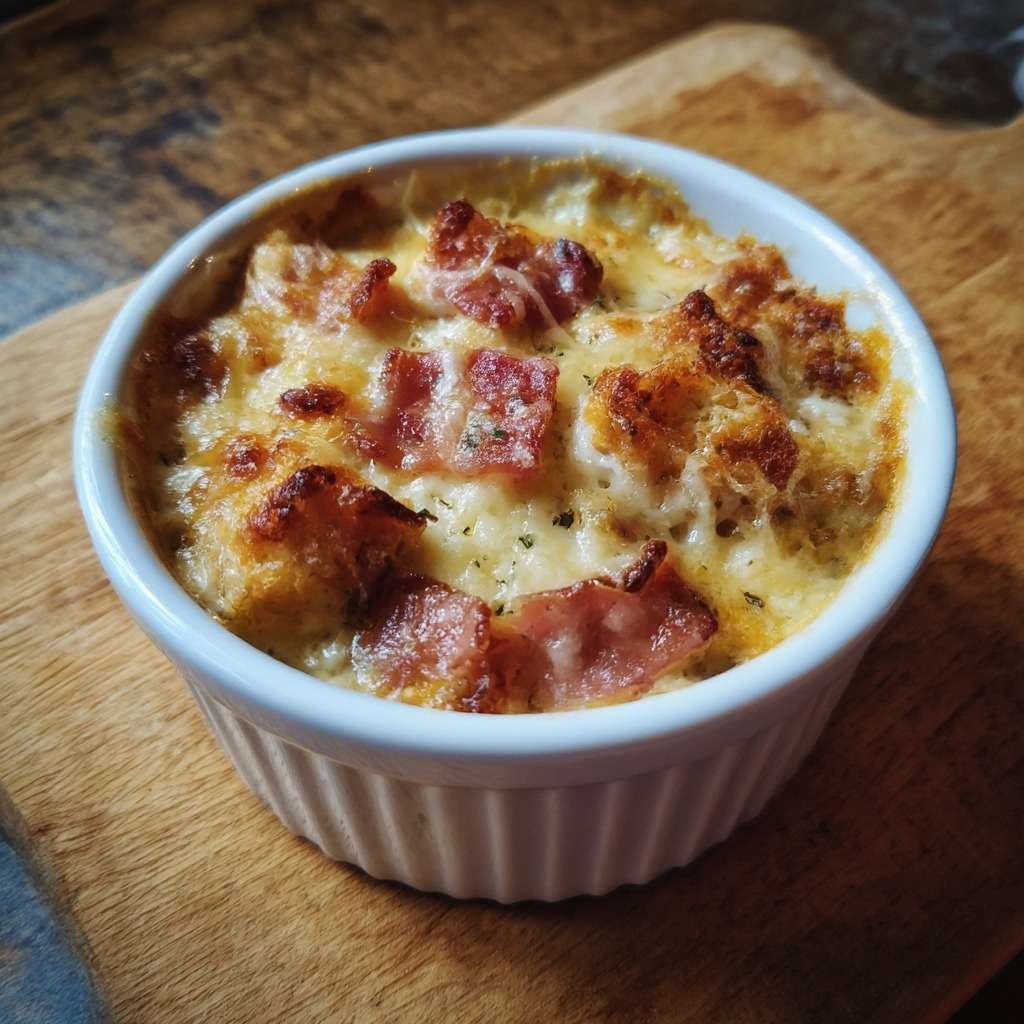 Œufs cocotte aux lardons et fromage gratiné, jaune coulant, servis dans des ramequins avec une texture crémeuse.