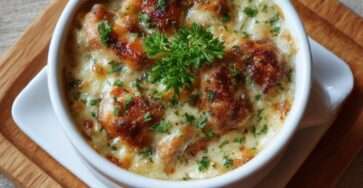 Œufs cocotte au poulet gratiné et crème servis dans des ramequins, avec fromage doré, crème onctueuse, morceaux de poulet fondants et persil frais.