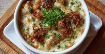 Œufs cocotte au poulet gratiné et crème servis dans des ramequins, avec fromage doré, crème onctueuse, morceaux de poulet fondants et persil frais.